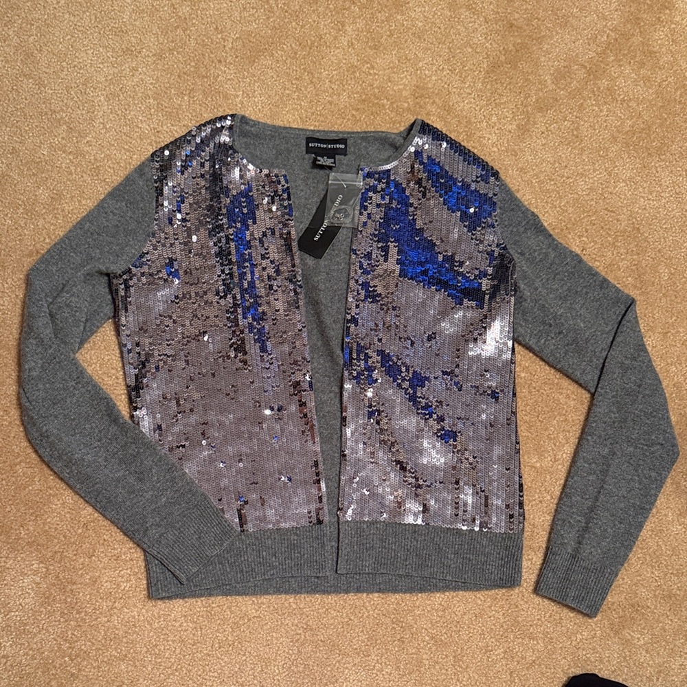 Sutton Studio Gray cashmere Cardigan with Silver Sequins